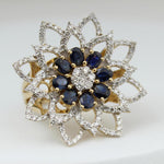 Load image into Gallery viewer, Flower Natural Diamond &amp; Blue Sapphire Ring: 14K Solid Gold Gemstone Cocktail  Ring, IGI Certified, Ready To Ship
