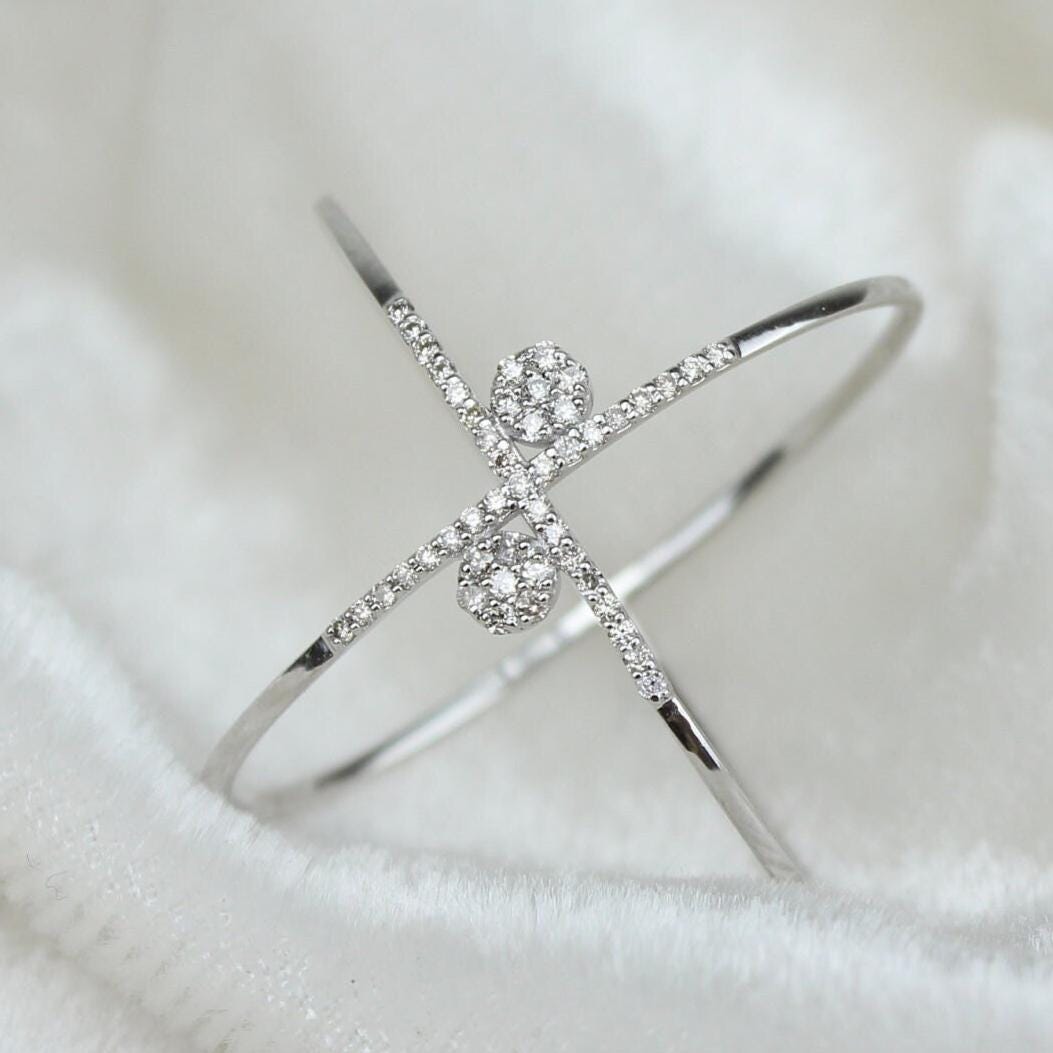 Orbit Diamond Ring, Criss Cross Ring, 14k Solid Gold, Natural Diamonds, Double Band X Ring, Stackable Minimalist Jewelry, Ready To Ship