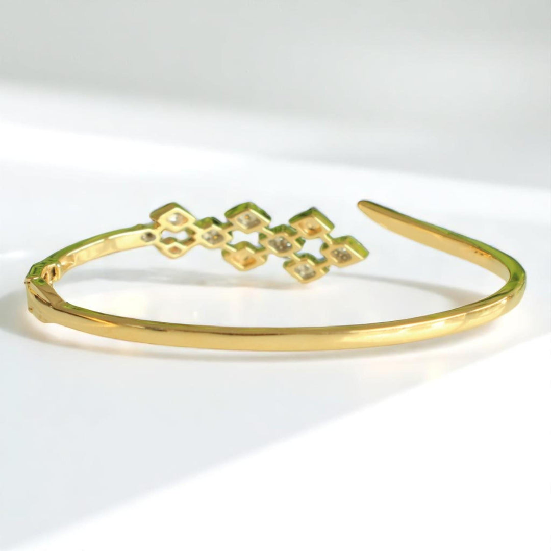 Rhombus Open Cuff Bracelet, 14K Solid Gold, Natural Diamond, Cluster Stackable Bangle, Geometric Layered Cocktail Jewelry, Statement Bangle
