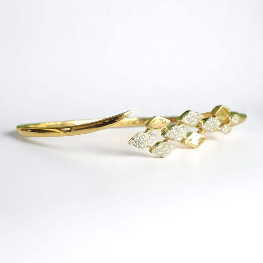 Rhombus Open Cuff Bracelet, 14K Solid Gold, Natural Diamond, Cluster Stackable Bangle, Geometric Layered Cocktail Jewelry, Statement Bangle