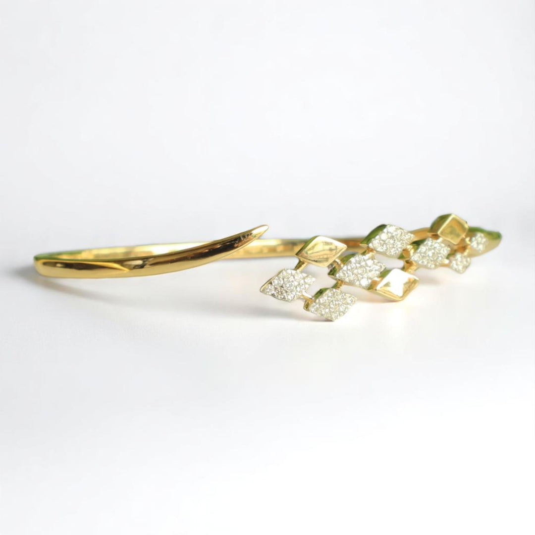 Rhombus Open Cuff Bracelet, 14K Solid Gold, Natural Diamond, Cluster Stackable Bangle, Geometric Layered Cocktail Jewelry, Statement Bangle