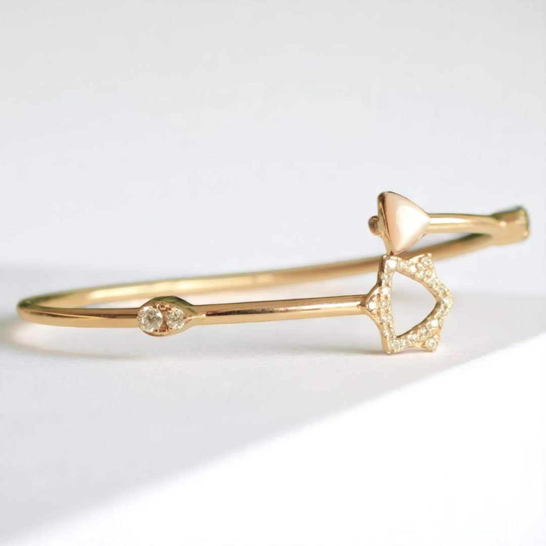 Star Triangle Diamond Bracelet, 14k Solid Gold, Natural Diamonds, Mother Of Pearl Dual Styling Cuff Bangle, Statement Minimalistic Jewelry
