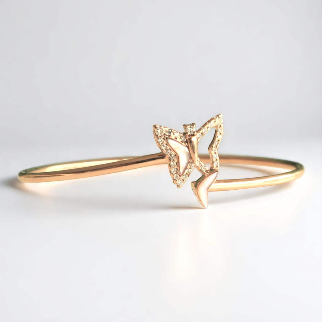 Butterfly Diamond Cuff Bracelet, 14k Solid Gold, Natural Diamonds, Mother Of Pearl Bangle, Prom Bracelet, Statement Minimalistic Jewelry