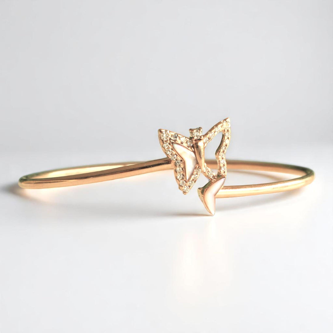 Butterfly Natural Diamond Cuff Bangle Bracelet: 14k Solid Gold Mother Of Pearl Animal Jewellery, Certified Jewelry