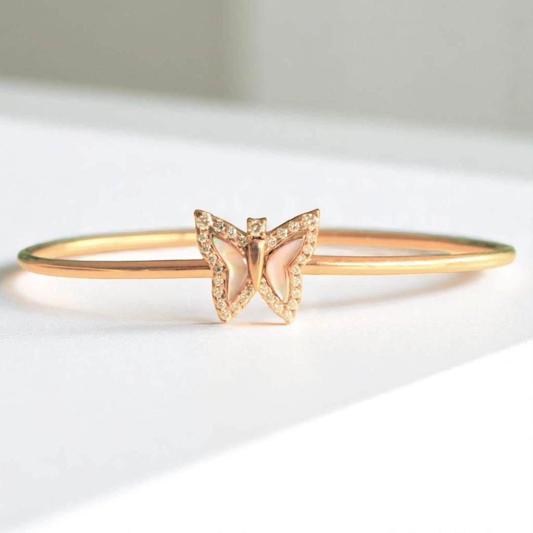 Butterfly Diamond Cuff Bracelet, 14k Solid Gold, Natural Diamonds, Mother Of Pearl Bangle, Prom Bracelet, Statement Minimalistic Jewelry