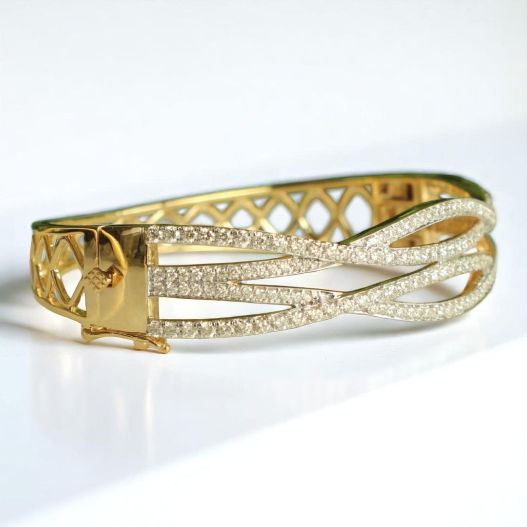 Wavy Criss Cross Diamond Bangle Bracelet, 14k Solid Gold, Natural Diamonds, Lattice Statement Bracelet, Stackable Jewelry