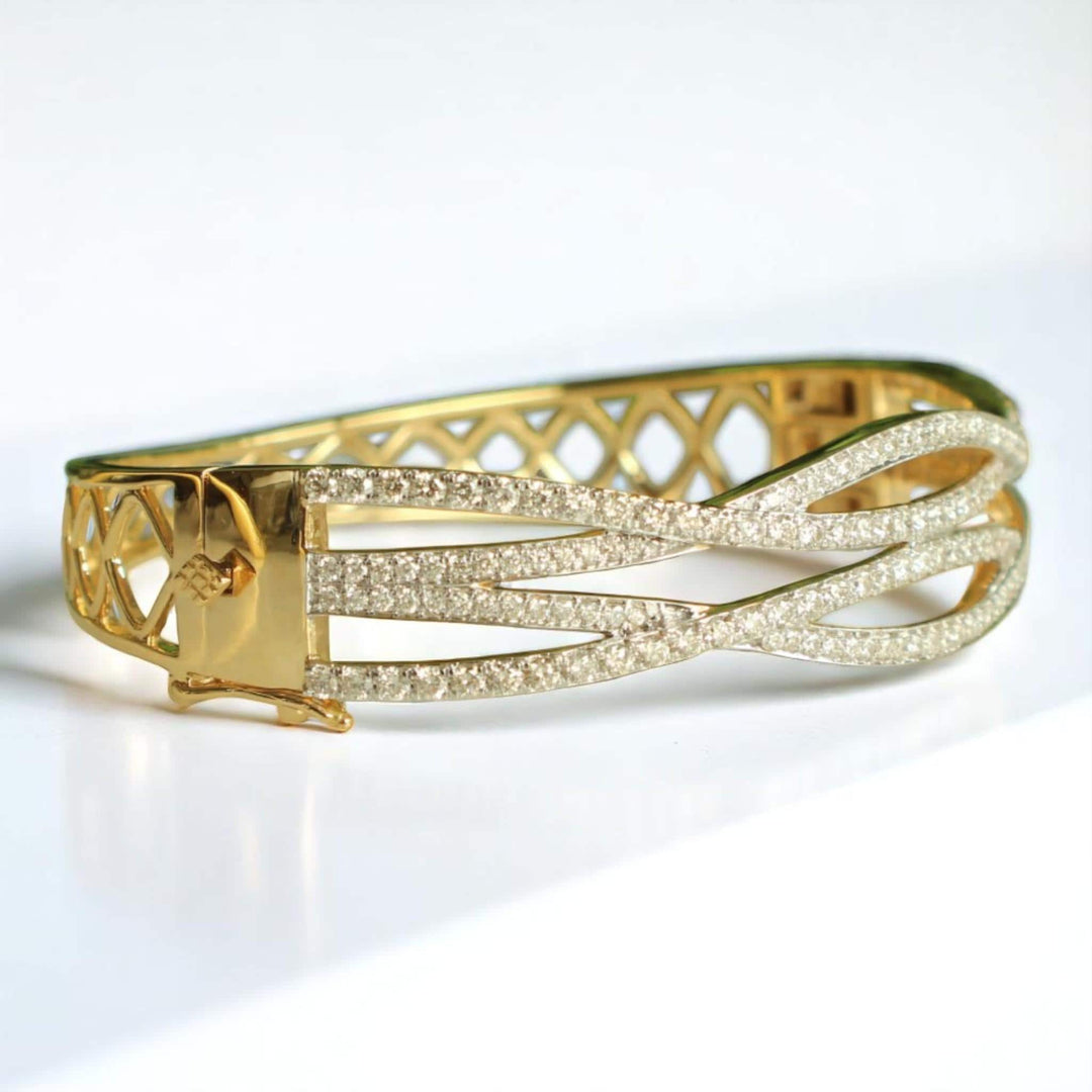 Wavy Criss Cross Natural Diamond Bangle Bracelet: 14k Solid Gold Lattice Statement Jewellery, Certified Jewelry