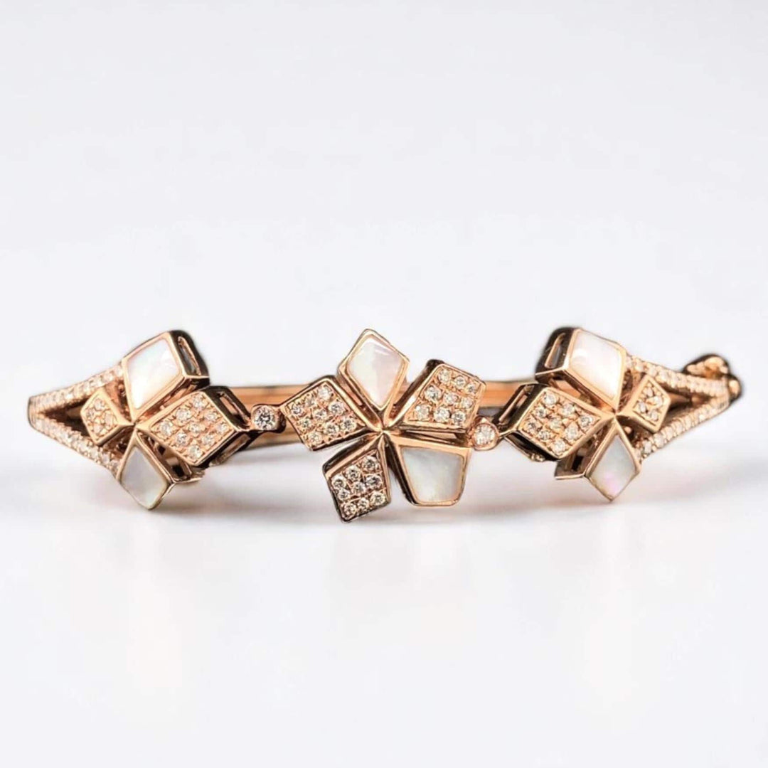 Floral Cluster Diamond Bracelet, 14k Solid Gold, Natural Diamonds, Mother Of Pearl Minimalistic Bangle, Statement Stackable Bracelet