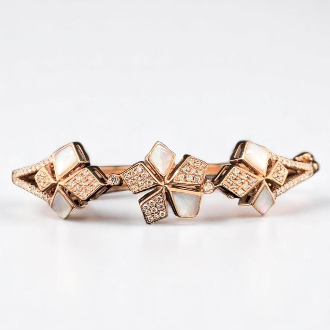 Floral Cluster Diamond Bracelet, 14k Solid Gold, Natural Diamonds, Mother Of Pearl Minimalistic Bangle, Statement Stackable Bracelet