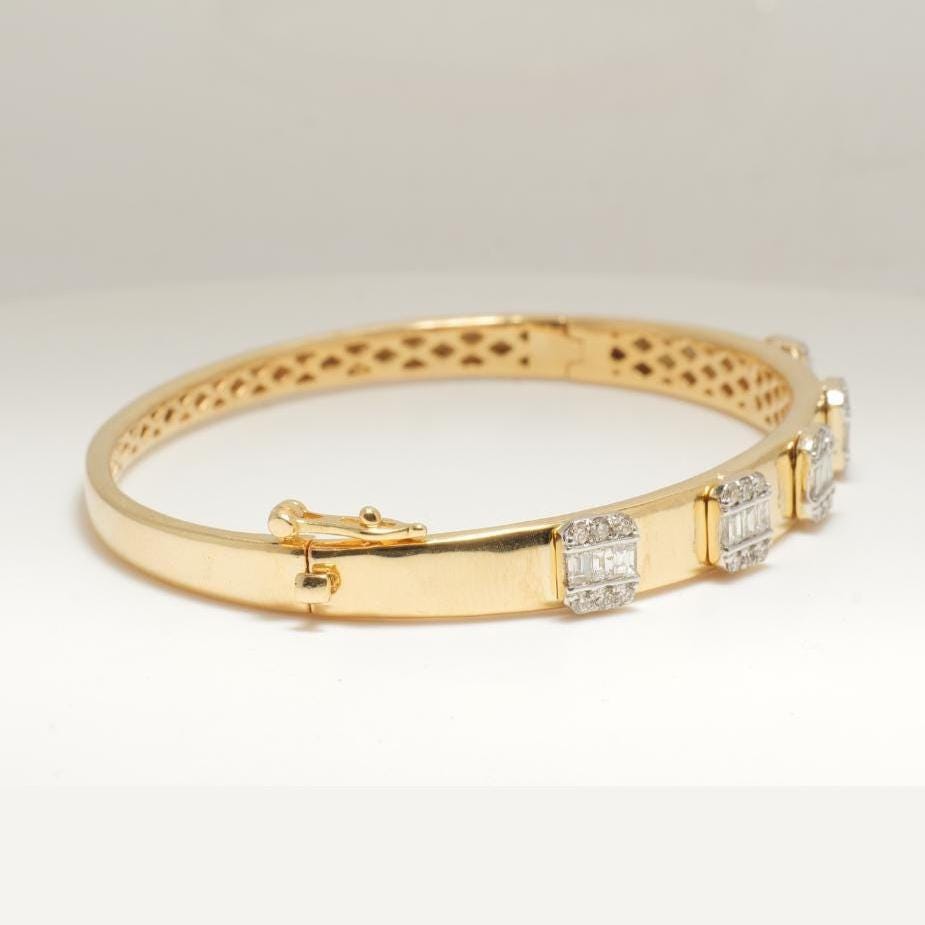 Bar Diamond Bangle Bracelet, 14k Solid Gold, Natural Diamonds, Baguette Illusion Set Cuff, Geometric Cluster Statement Bracelet