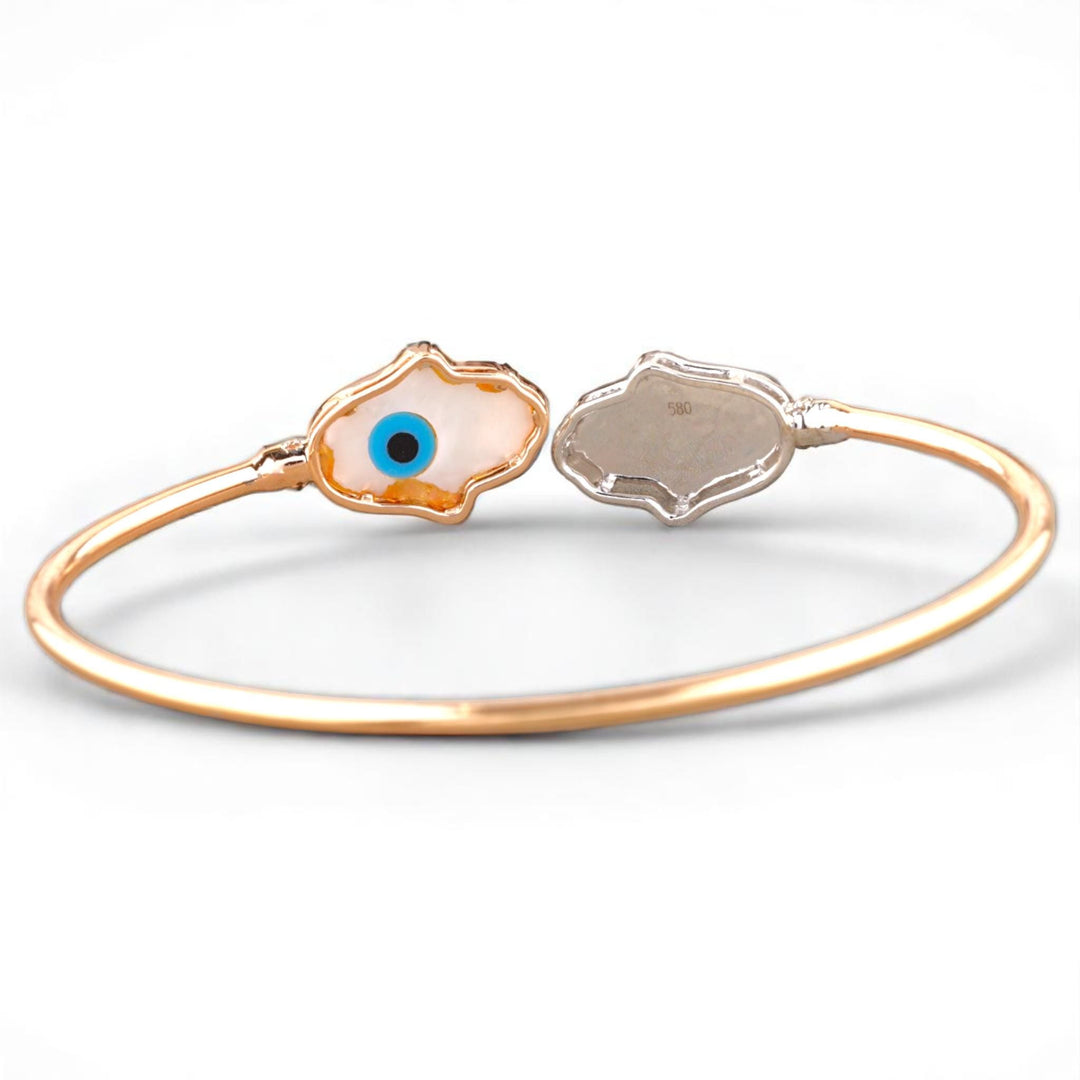Hamsa Evil Eye Cuff Bracelet, 14k Solid Gold, Natural Diamonds, Open Cuff Bracelet, Mother of Pearl Jewelry, Stackable Minimalistic Bracelet