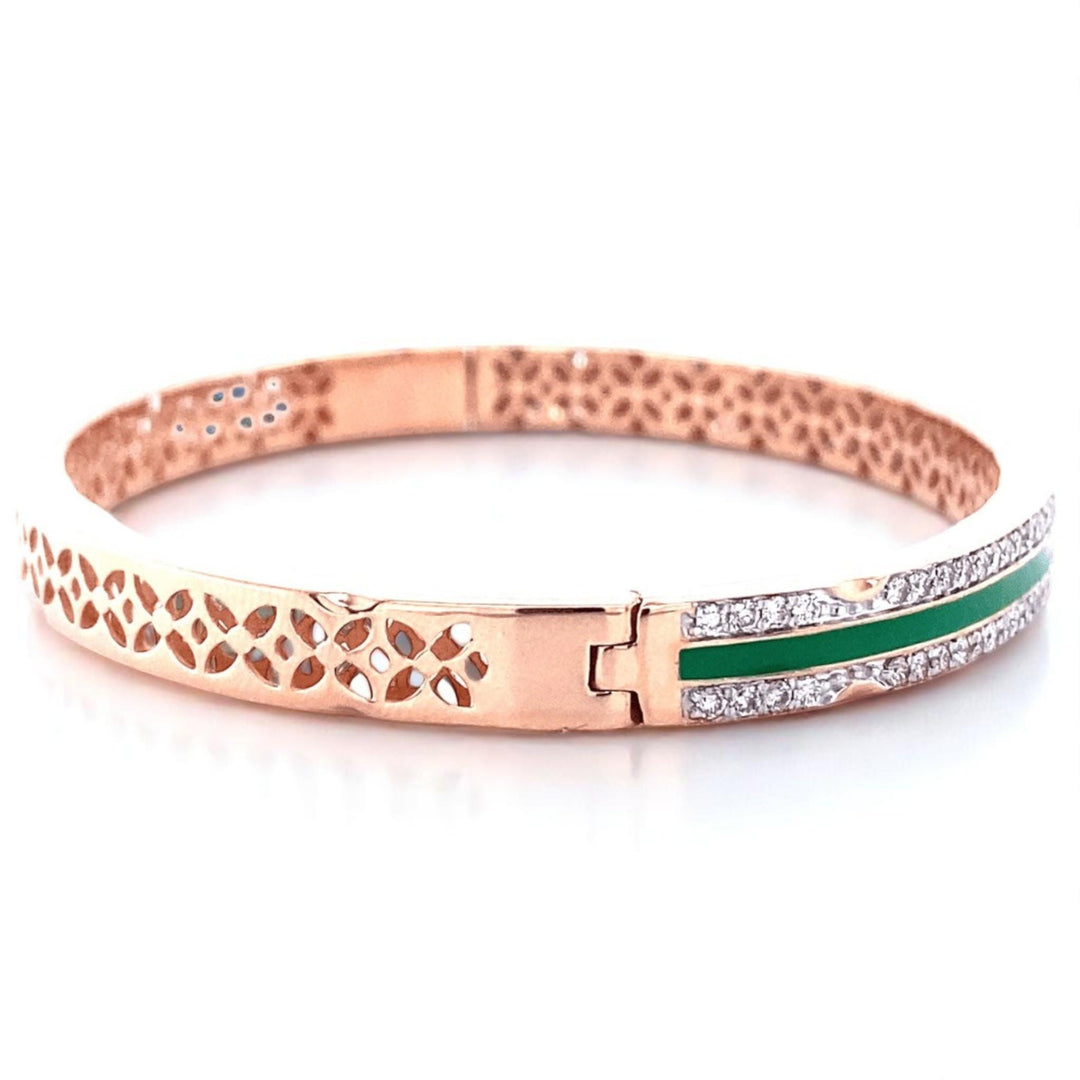 Green Enamel Diamond Bangle Bracelet, 14k Solid Gold, Natural Diamonds, Statement Cuff Jewelry, Minimalistic Stackable Bangle