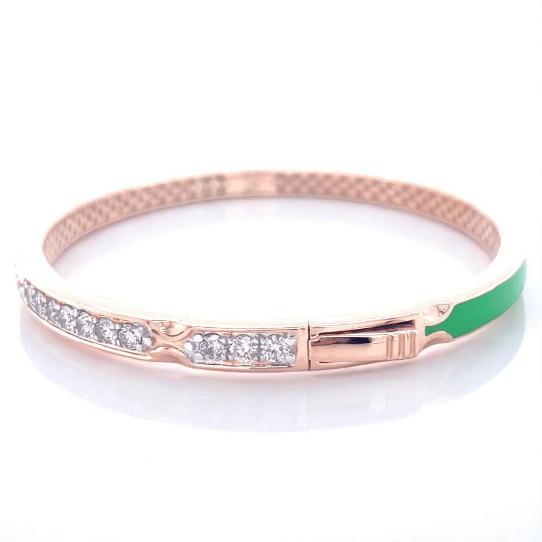 Green Enamel Natural Diamond Bracelet: 14k Solid Gold Minimalistic Bangle Jewellery, Certified Jewelry