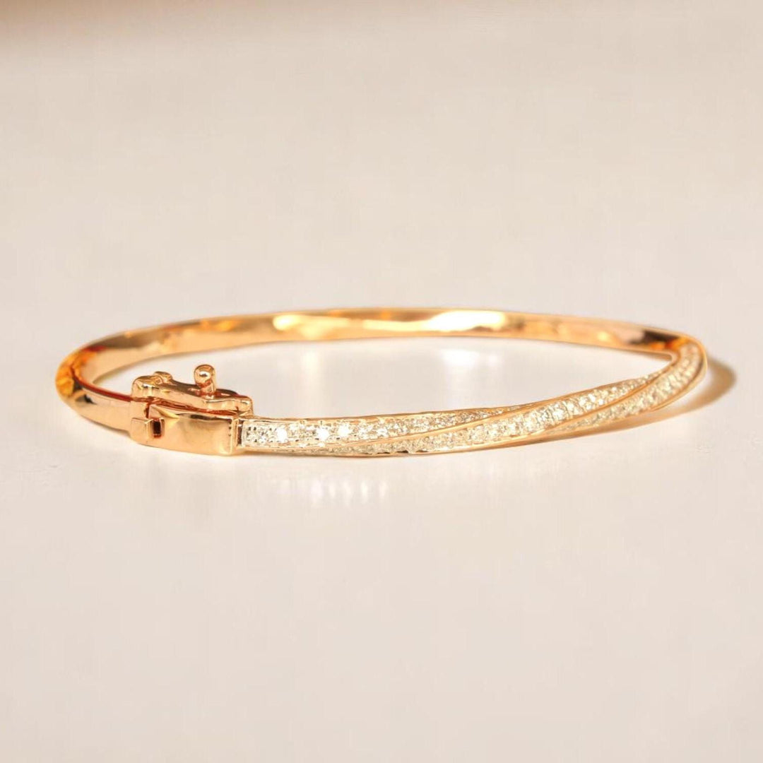 Diamond Cuff Bracelet In 14k Solid Gold, Twisted Sleek Bracelet With Natural Diamonds, Ready To Ship, Women&#39;s Day Gift