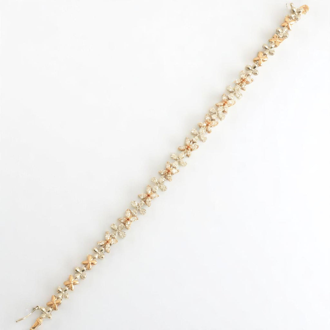 Floral Link Diamond Tennis Bracelet, 14k Solid Gold, Fancy Natural Diamonds, Two-Toned Bracelet, Stackable Statement Jewelry