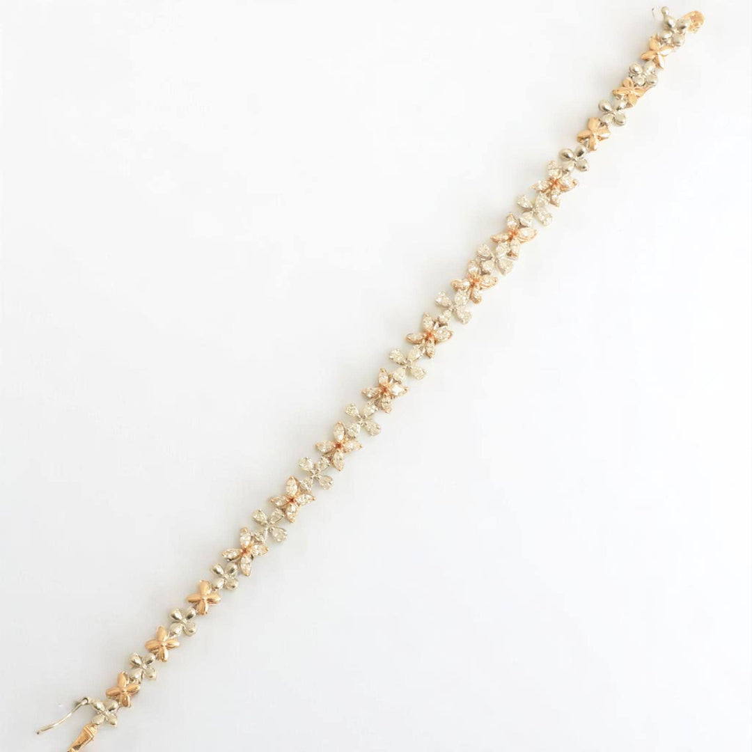 Floral Link Natural Diamond Tennis Bracelet; 14k Solid Gold Two-Toned Flower Jewellery, Certified Jewelry