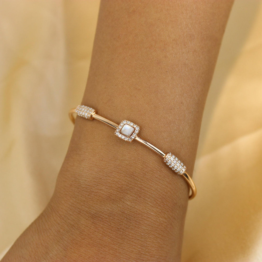 Geometric Diamond Cuff Bracelet, 14k Solid Gold, Natural Diamonds, Mother Of Pearl Open Stackable Bracelet, Dual Styling Statement Jewelry