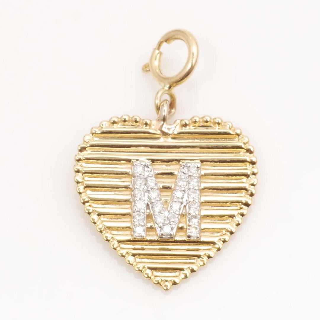 Heart Initial Diamond Charm, 14k Solid Gold, Natural Diamond, Everyday Staking Personalised Jewelry, Textured Letter Necklace, Ready To Ship