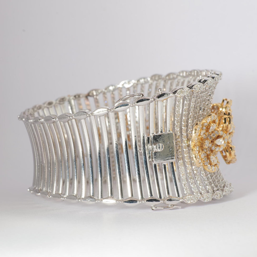 Floral Diamond Cuff Bracelet, 14k Solid Gold, Natural Diamonds, Halo Cocktail Bangle, Two Toned Wide Bangle, Statement Bridal Jewelry