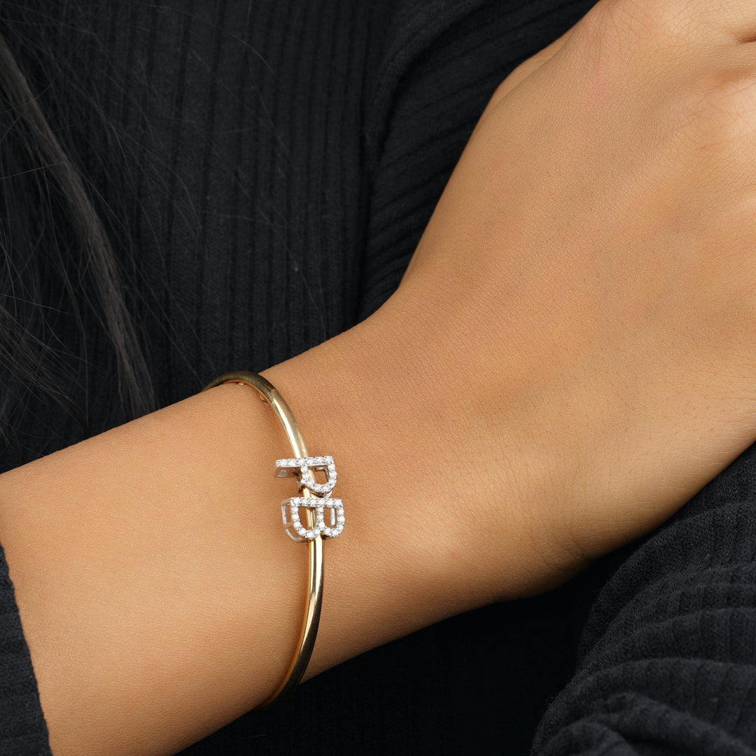 Initials Natural Diamond Open Cuff Bracelet: 14k Solid Gold Personalized Letter Jewellery, Certified Jewelry