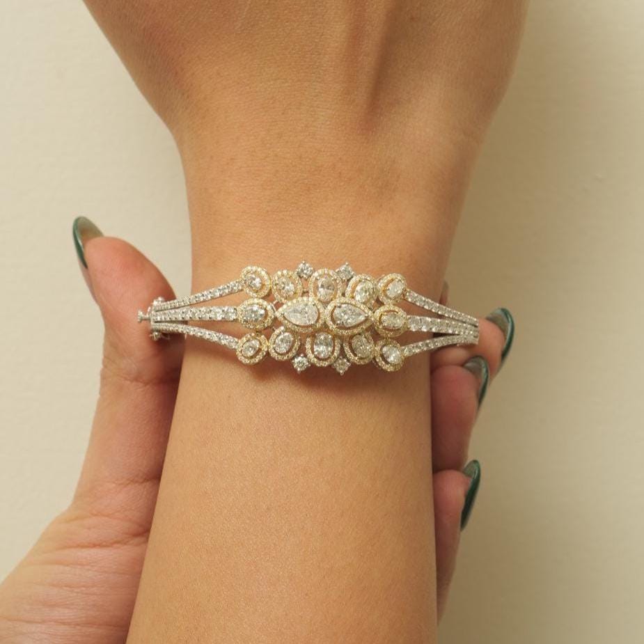 Floral Cluster Diamond Bracelet, 14k Solid Gold, Fancy Natural Diamonds, Halo Cocktail Bangle, Bold Statement Bracelet, Bridal Cuff Jewelry