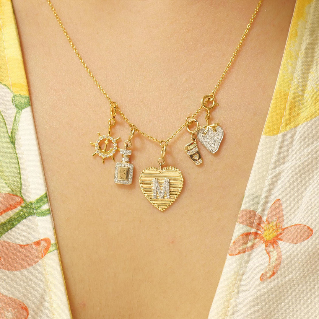 Heart Initial Natural Diamond Charm: 14k Solid Gold Everyday Stacking Personalised Jewelry, Textured Letter Necklace, Certified Jewelry