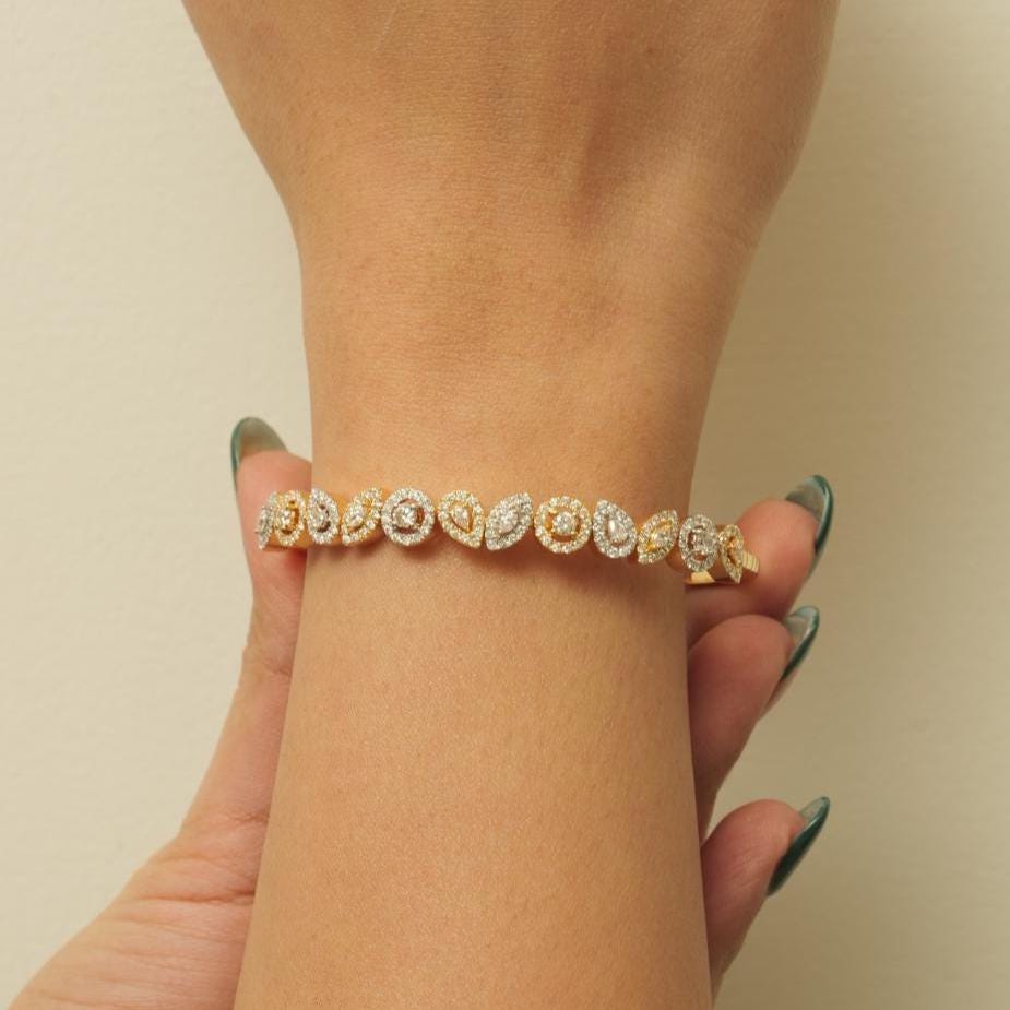 Pear & Marquise Cuff Diamond Bracelet, 14k Solid Gold, Natural Diamonds, Halo Statement Bangle, Stackable Open Bridal Cocktail Jewelry