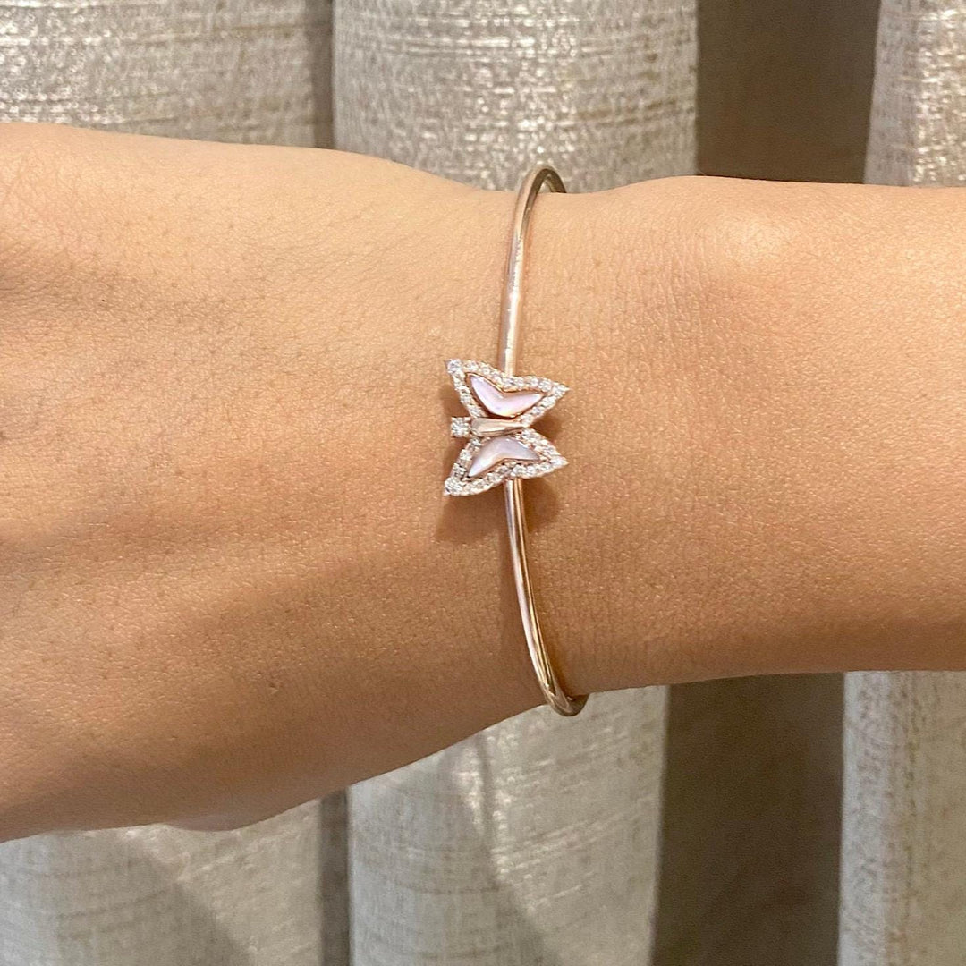 Butterfly Natural Diamond Cuff Bangle Bracelet: 14k Solid Gold Mother Of Pearl Animal Jewellery, Certified Jewelry