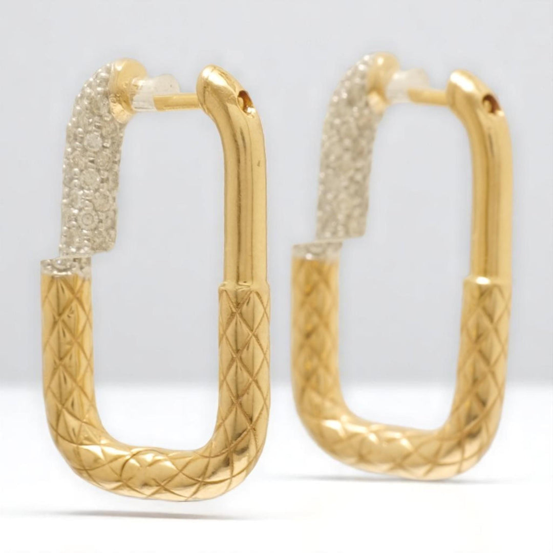 Carabiner Diamond Huggie Hoop Earrings, 14k Solid Gold, Natural Diamonds, Textured Link Earrings, Dual Tone Statement Jewelry