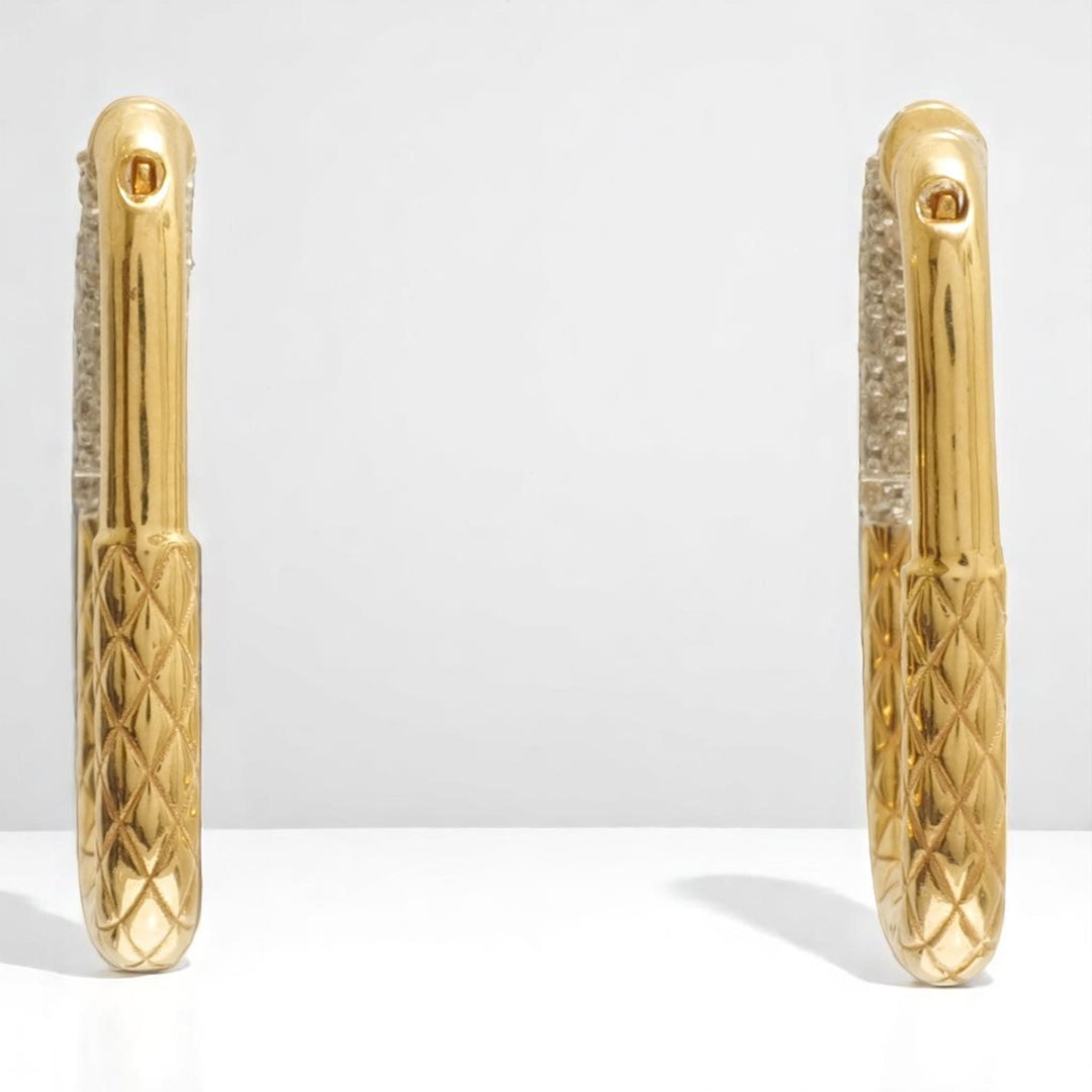 Carabiner Diamond Huggie Hoop Earrings, 14k Solid Gold, Natural Diamonds, Textured Link Earrings, Dual Tone Statement Jewelry