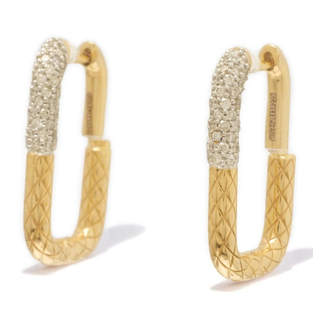 Carabiner Diamond Huggie Hoop Earrings, 14k Solid Gold, Natural Diamonds, Textured Link Earrings, Dual Tone Statement Jewelry