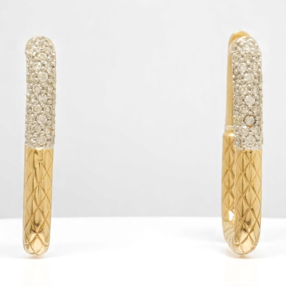 Carabiner Diamond Huggie Hoop Earrings, 14k Solid Gold, Natural Diamonds, Textured Link Earrings, Dual Tone Statement Jewelry