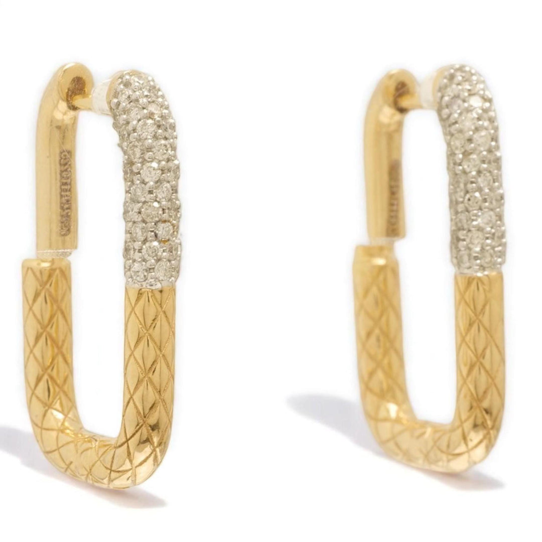 Carabiner Diamond Huggie Hoop Earrings, 14k Solid Gold, Natural Diamonds, Textured Link Earrings, Dual Tone Statement Jewelry