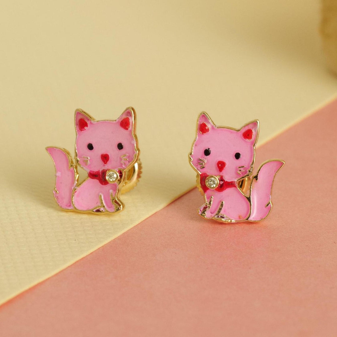 Kids Kitty Diamond Stud Earrings, 14k Solid Gold, Natural Diamonds, Enamel Animal Jewelry, Everyday Gift for toddlers/girls, Ready To Ship