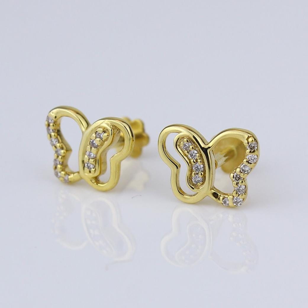 Kids Butterfly Diamond Stud Earrings, 14k Solid Gold, Natural Diamonds, Animal Jewelry, Gift for toddlers/girls/kids, Ready To Ship