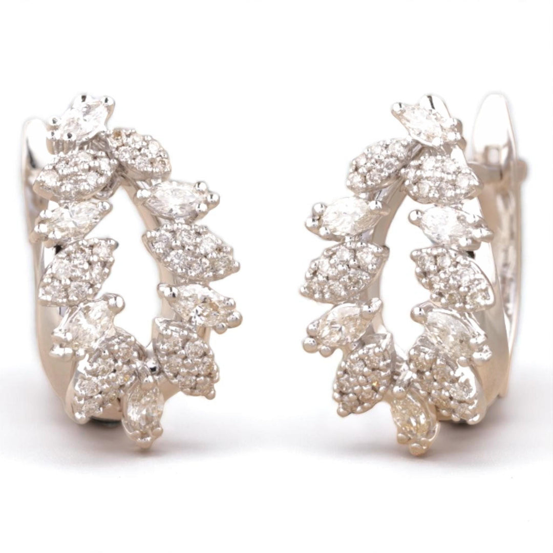 Leaves Diamond Huggie Earrings, 14k Solid Gold, Natural Diamonds, Marquise Pavé Cocktail Jewelry, Bridal Statement Hoops