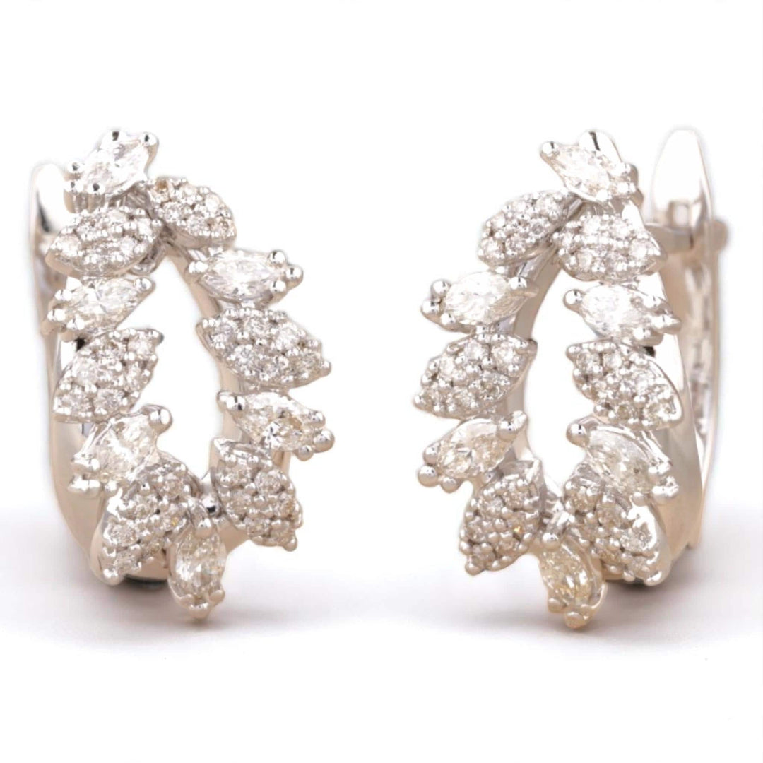Leaves Diamond Huggie Earrings, 14k Solid Gold, Natural Diamonds, Marquise Pavé Cocktail Jewelry, Bridal Statement Hoops