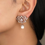 Load image into Gallery viewer, Lotus Pearl Drop Earrings, 14k Solid Gold, Natural Diamonds, White Topaz Gemstone Dangler, Statement Cocktail Earrings, Pear Bridal Jewelry
