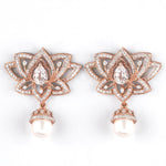 Load image into Gallery viewer, Lotus Pearl Drop Earrings, 14k Solid Gold, Natural Diamonds, White Topaz Gemstone Dangler, Statement Cocktail Earrings, Pear Bridal Jewelry
