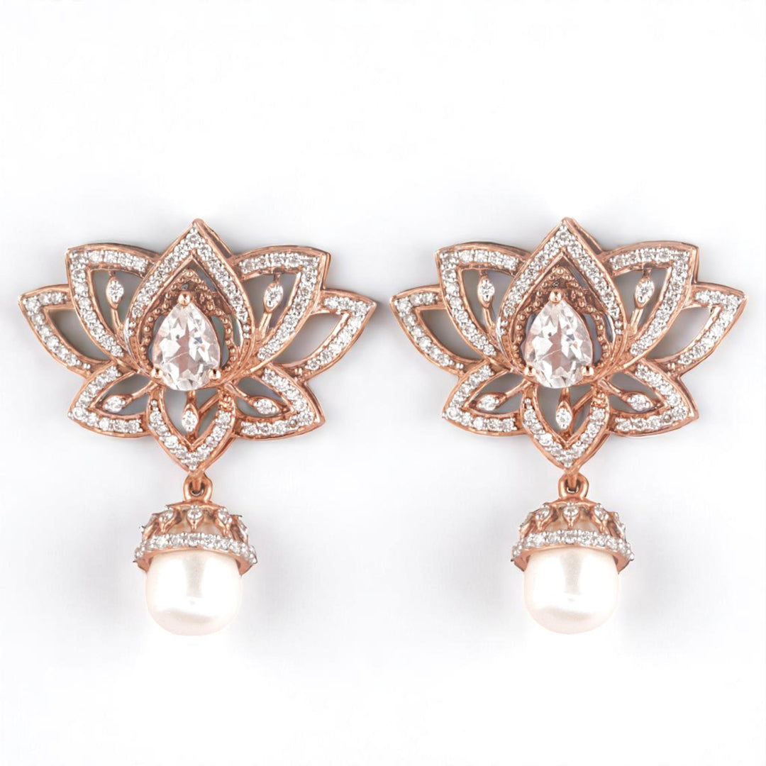 Lotus Pearl Drop Earrings, 14k Solid Gold, Natural Diamonds, White Topaz Gemstone Dangler, Statement Cocktail Earrings, Pear Bridal Jewelry