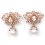 Load image into Gallery viewer, Lotus Pearl Drop Earrings, 14k Solid Gold, Natural Diamonds, White Topaz Gemstone Dangler, Statement Cocktail Earrings, Pear Bridal Jewelry
