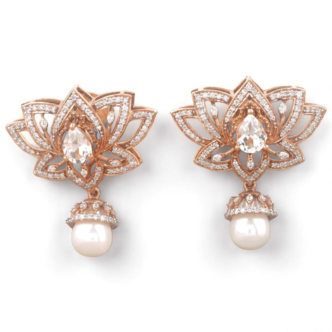 Lotus Pearl Drop Earrings, 14k Solid Gold, Natural Diamonds, White Topaz Gemstone Dangler, Statement Cocktail Earrings, Pear Bridal Jewelry
