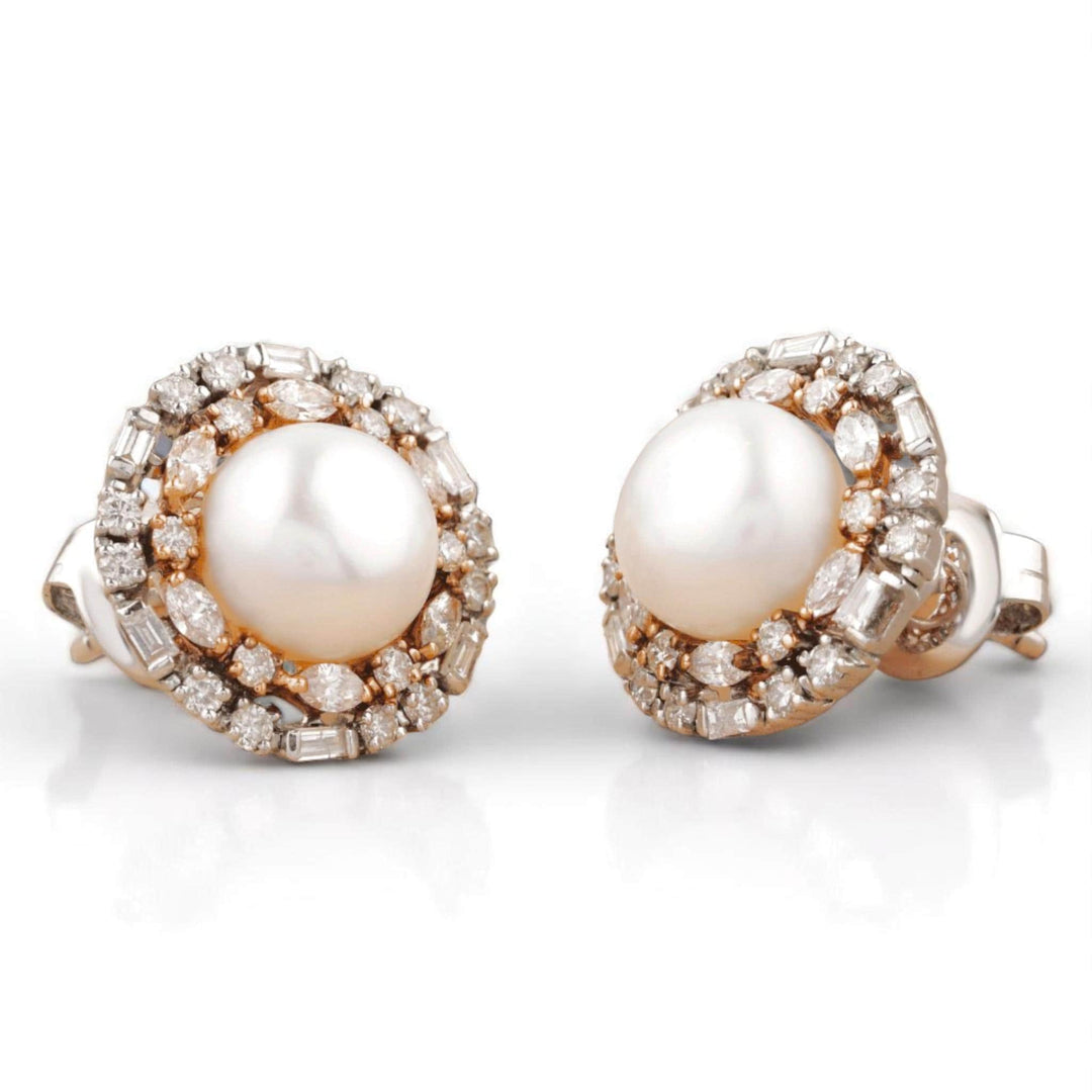 Pearl Diamond Halo Studs, 14K Solid Gold, Fancy Natural Diamonds, Bridal Wedding Earrings, Statement Cocktail Jewelry