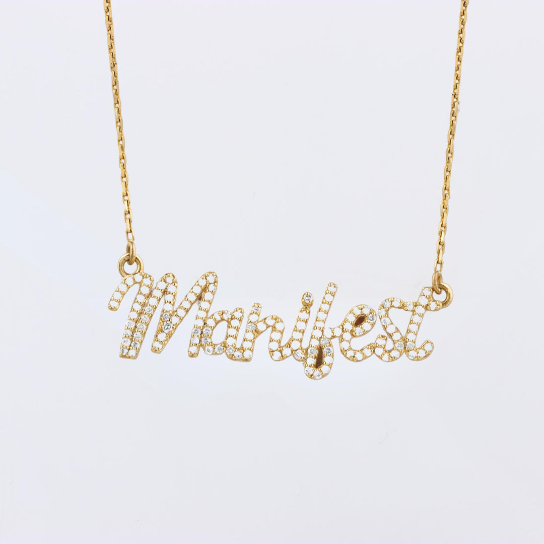 Manifest Natural Diamond Pendant Necklace, 14k Solid Gold Name Affirmation Jewelry, IGI Certified,  Ready To Ship