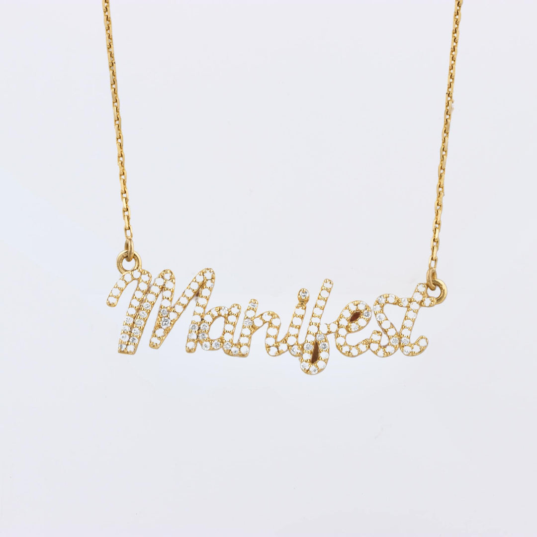 Manifest Natural Diamond Pendant Necklace, 14k Solid Gold Name Affirmation Jewelry, IGI Certified,  Ready To Ship