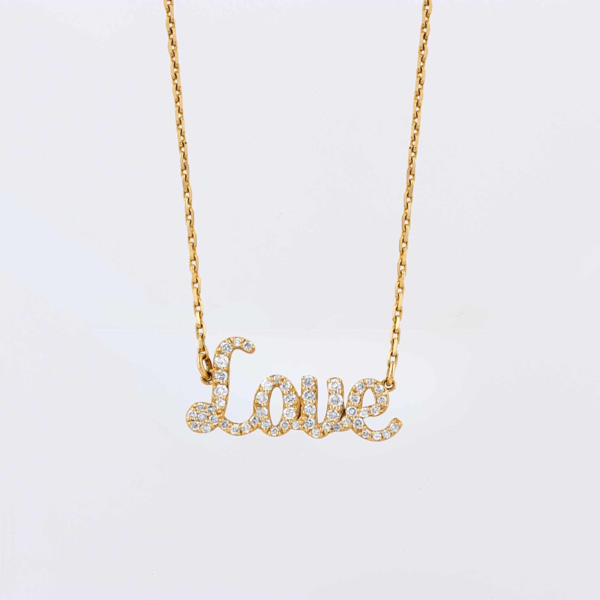 Love Natural Diamond Script Word Necklace: 14kt Solid Gold Inspirational Jewellery, Certified Jewelry, Ready To Ship