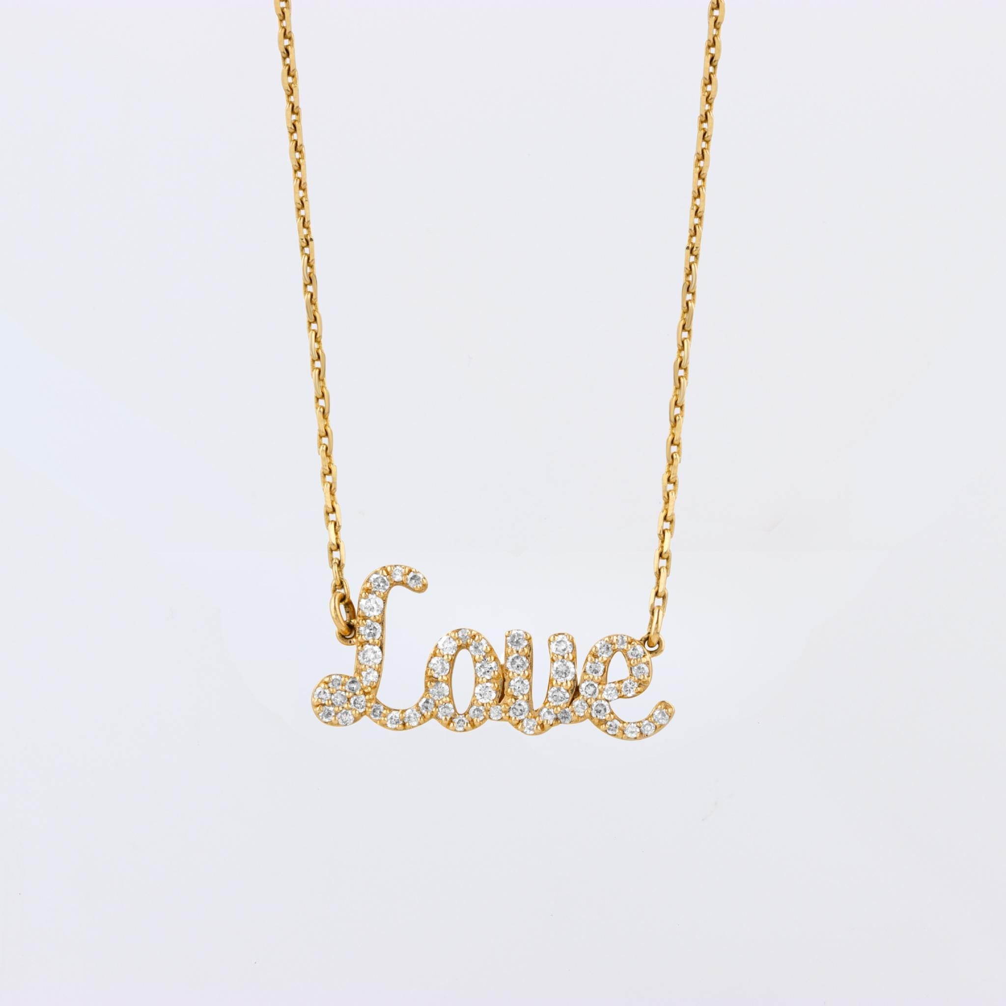 Love Natural Diamond Script Word Necklace: 14kt Solid Gold Inspirational Jewellery, Certified Jewelry, Ready To Ship