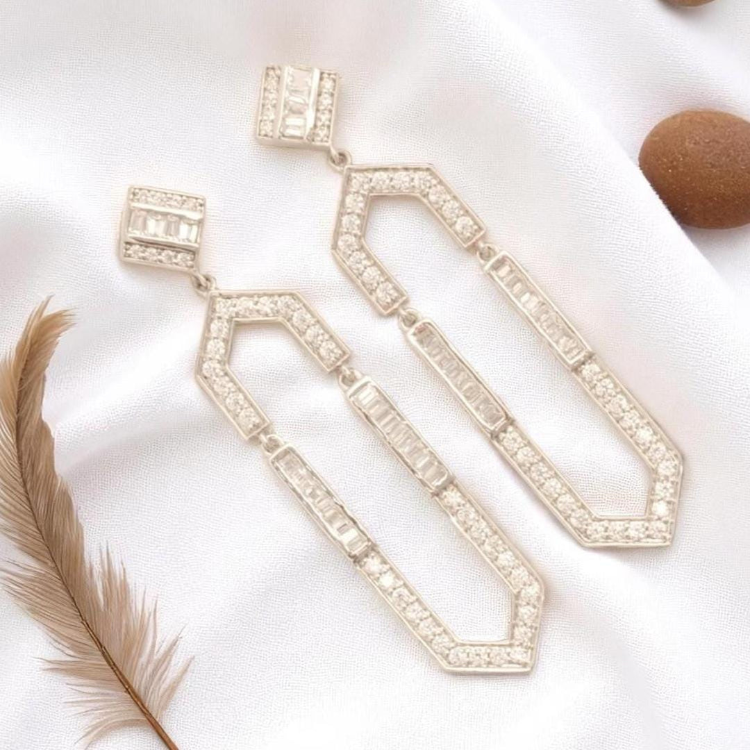 Hexagonal Dangle Diamond Earrings, 14k Solid Gold, Natural Diamonds, Geometric Statement Earrings, Bridal Drop Long Earrings