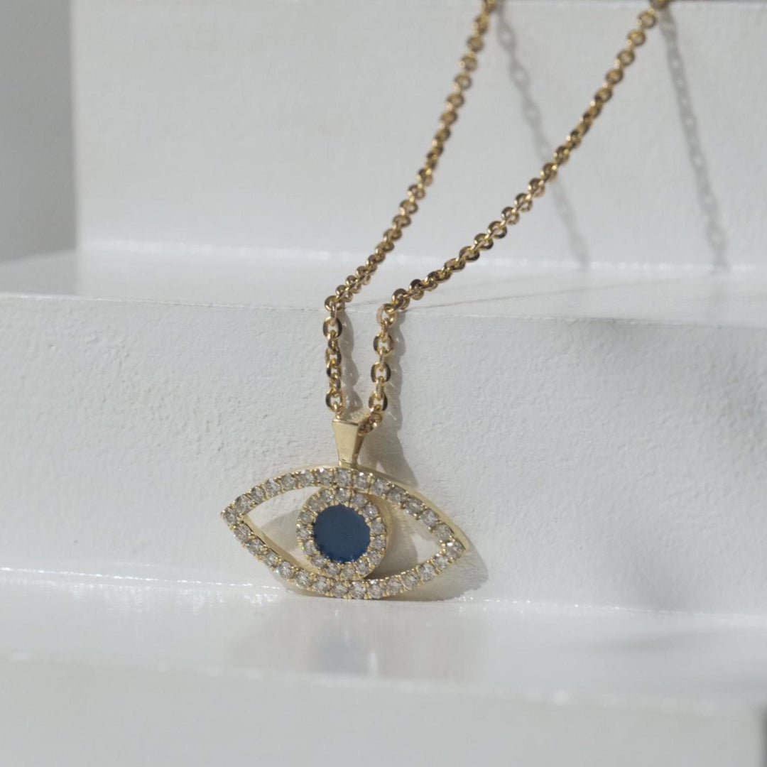 Evil Eye Diamonds Charm Necklace, 14k Solid Gold With Blue Enamelling, Natural Diamonds, Ready To Ship, Women&#39;s Day Gift