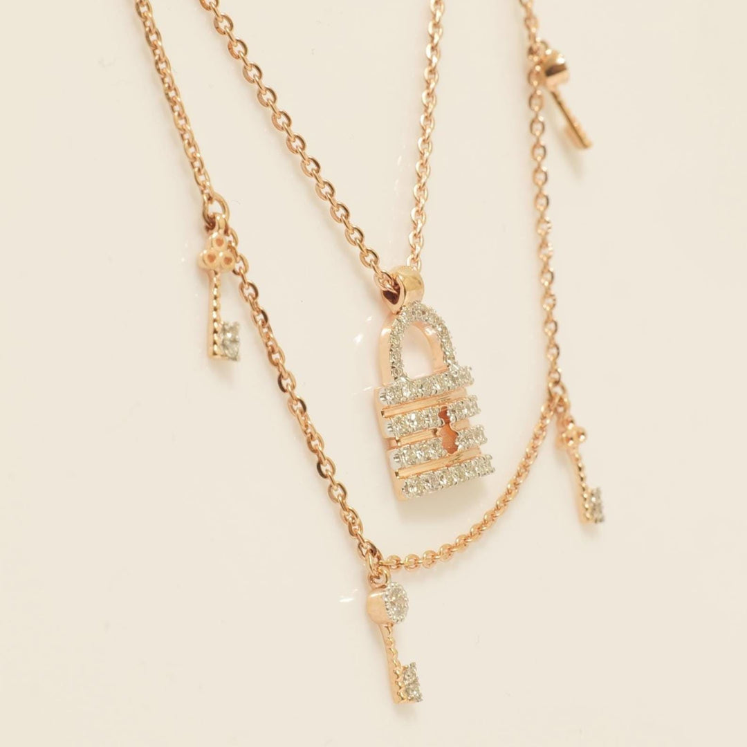 Lock & Key Diamond Necklace, 14k Solid Gold, Natural Diamonds, Dual Tone Charm Layered Stacking Necklace, Ready To Ship, IGI Certified